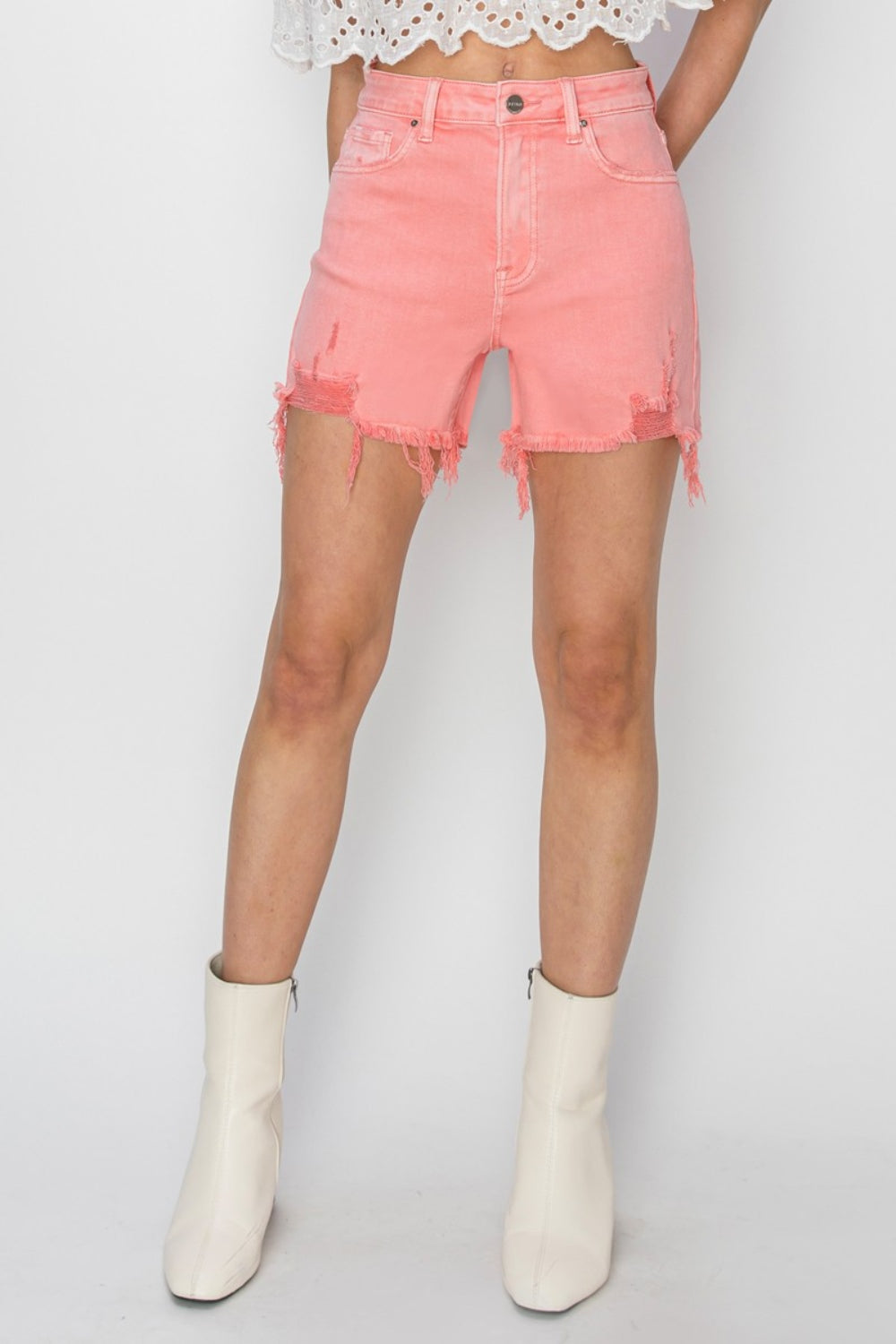 Sure! High Rise Distressed Denim Shorts are the perfect combination of style and edge. With a flattering high waist and distressed detailing, these shorts are sure to make a statement. Pair them with a graphic tee for a casual look, or dress them up with a blouse and heels for a night out. S-XL
