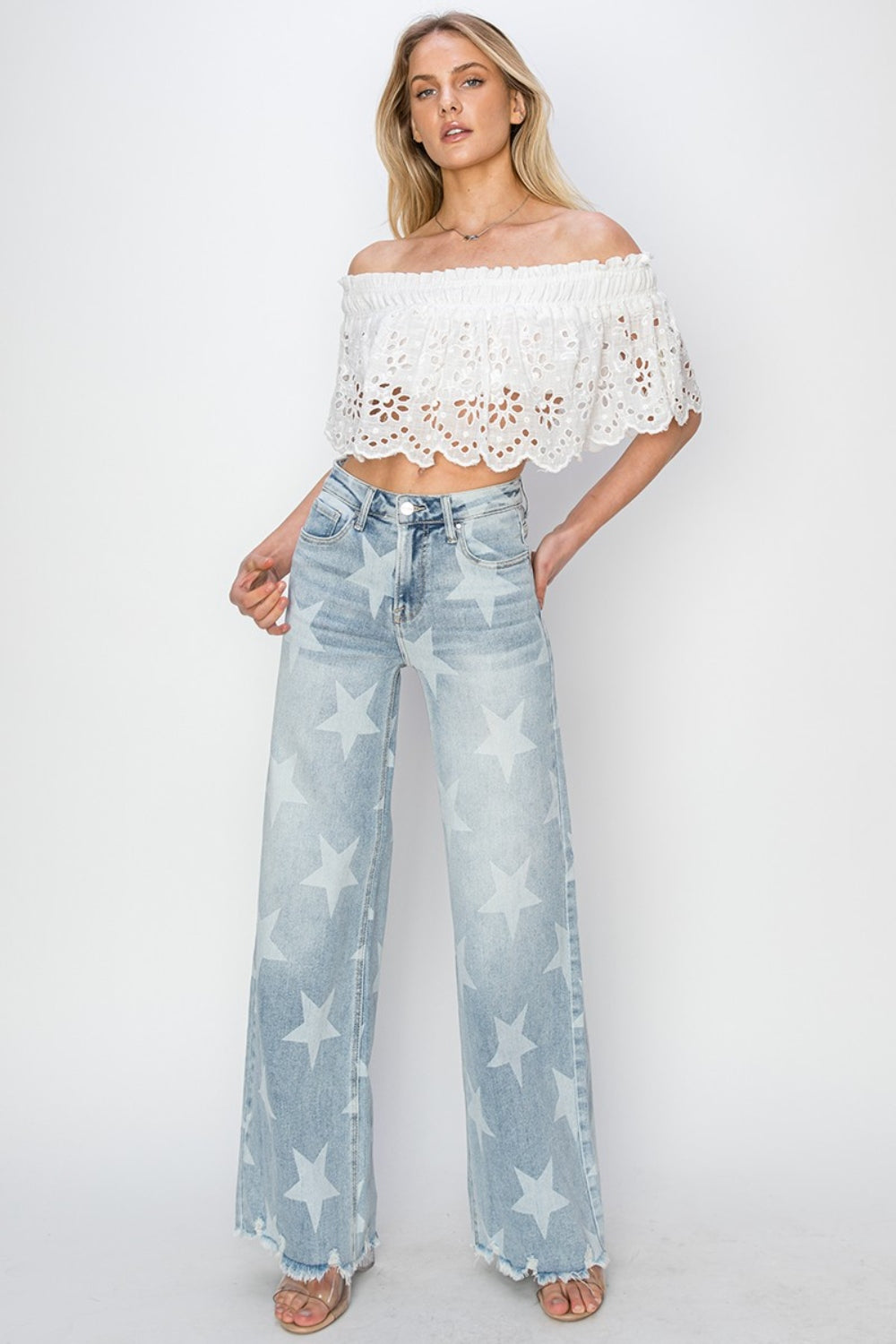 The Raw Hem Star Wide Leg Jeans are a fashionable and eye-catching choice for those looking to make a statement with their outfit. The raw hem detail gives these jeans a casual and edgy vibe, while the star embellishments add a touch of whimsical charm. The wide leg silhouette offers a comfortable and flattering fit, making them a versatile piece that can be dressed up or down. S-3X