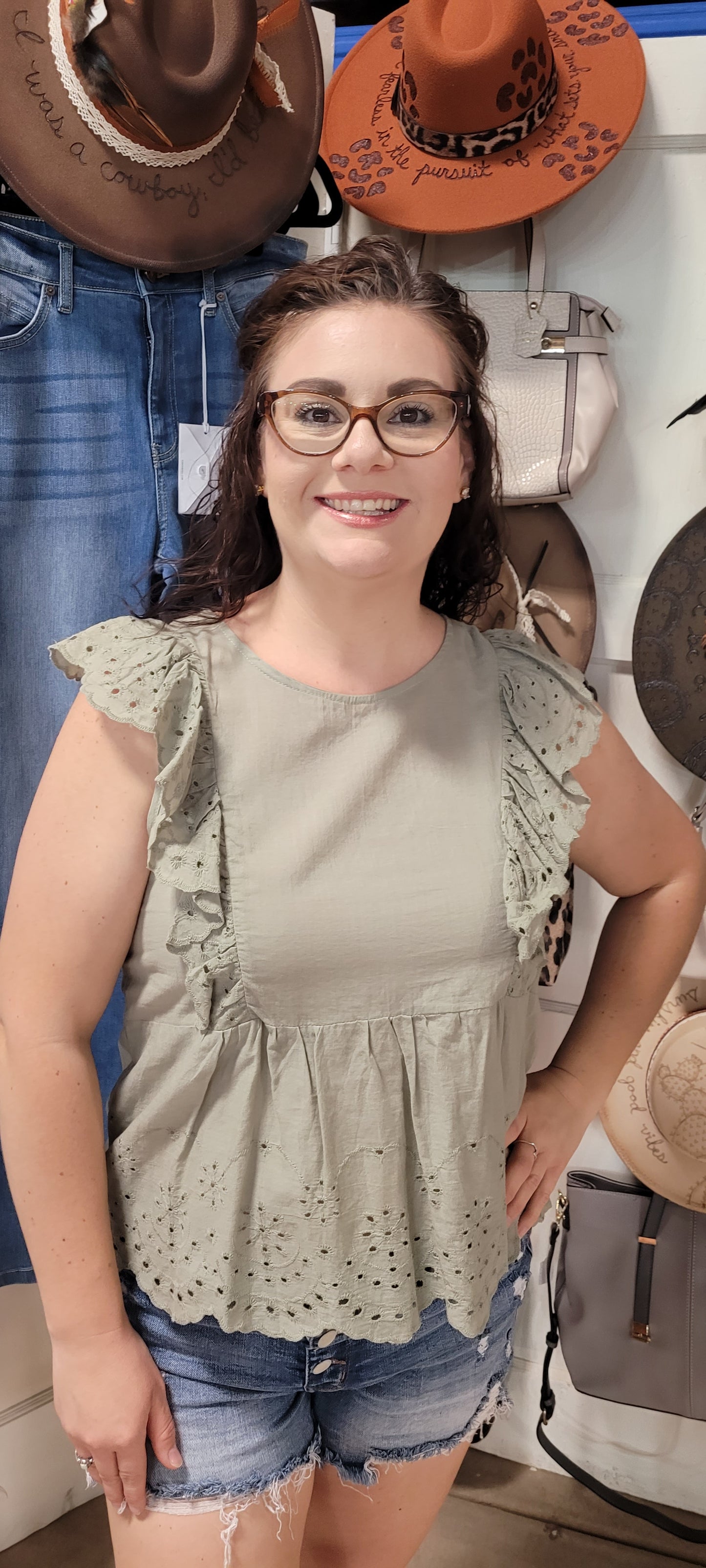 Shhh! Don’t tell anyone, but I like you! “Secret Crush” features ruffled lace trim short sleeves with eyelet design, scalloped hemline, keyhole back with button enclosure, and rounded neckline. This top is great for vacation, those hot summer days, or a shopping day with your friends. Sizes small through large.