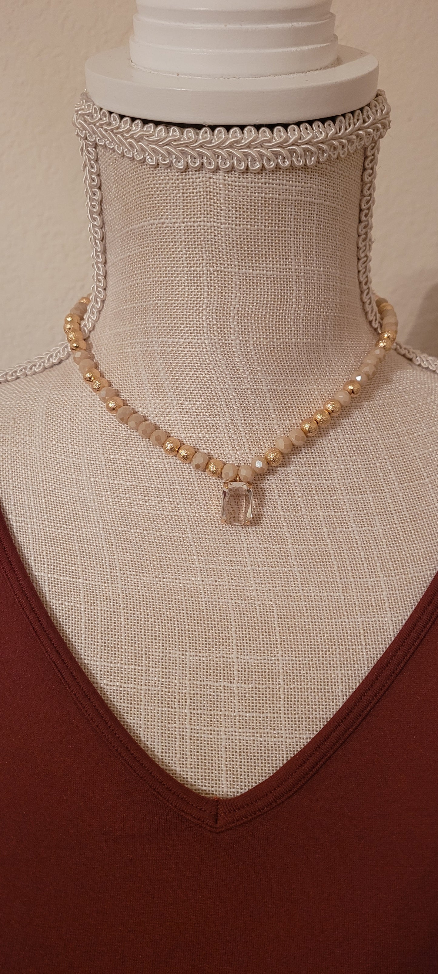 Adjustable chain Color: Gold link chains with peach fuzz & gold beads, clear crystal Limited supply!