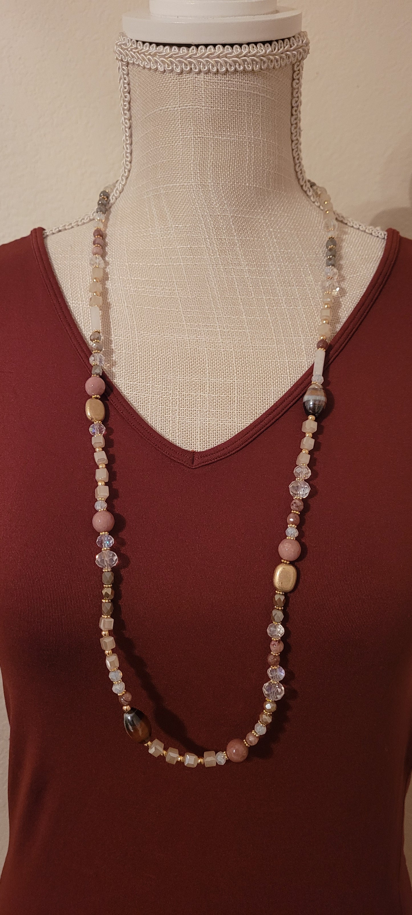 Adjustable Color: Gold link chain with brown stones & glass beads Limited supply!