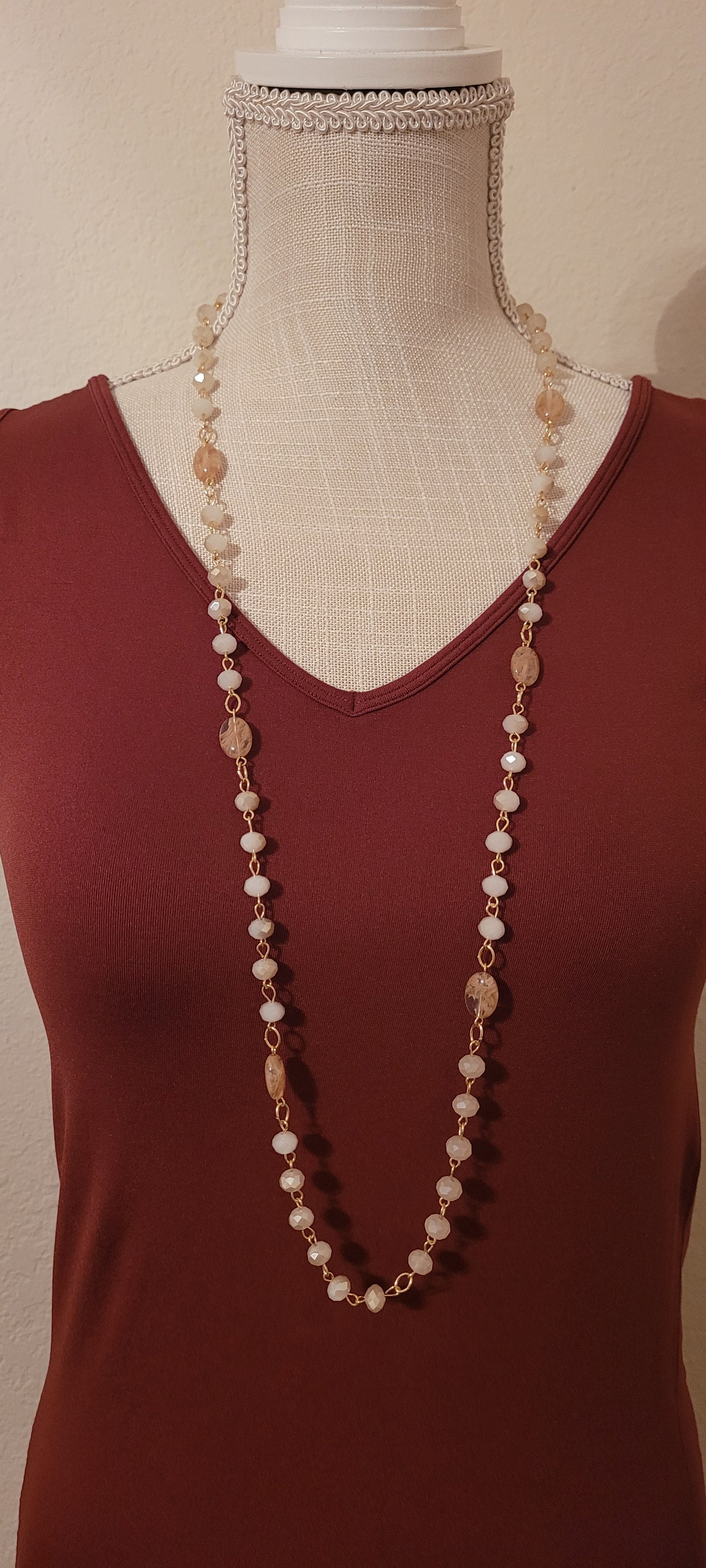 Adjustable Color: Gold link chain with taupe stones & glass beads Limited supply!