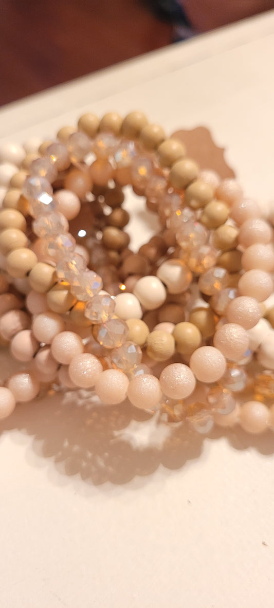 Set of 5 stretchy stackable bracelets Glass & wood beads