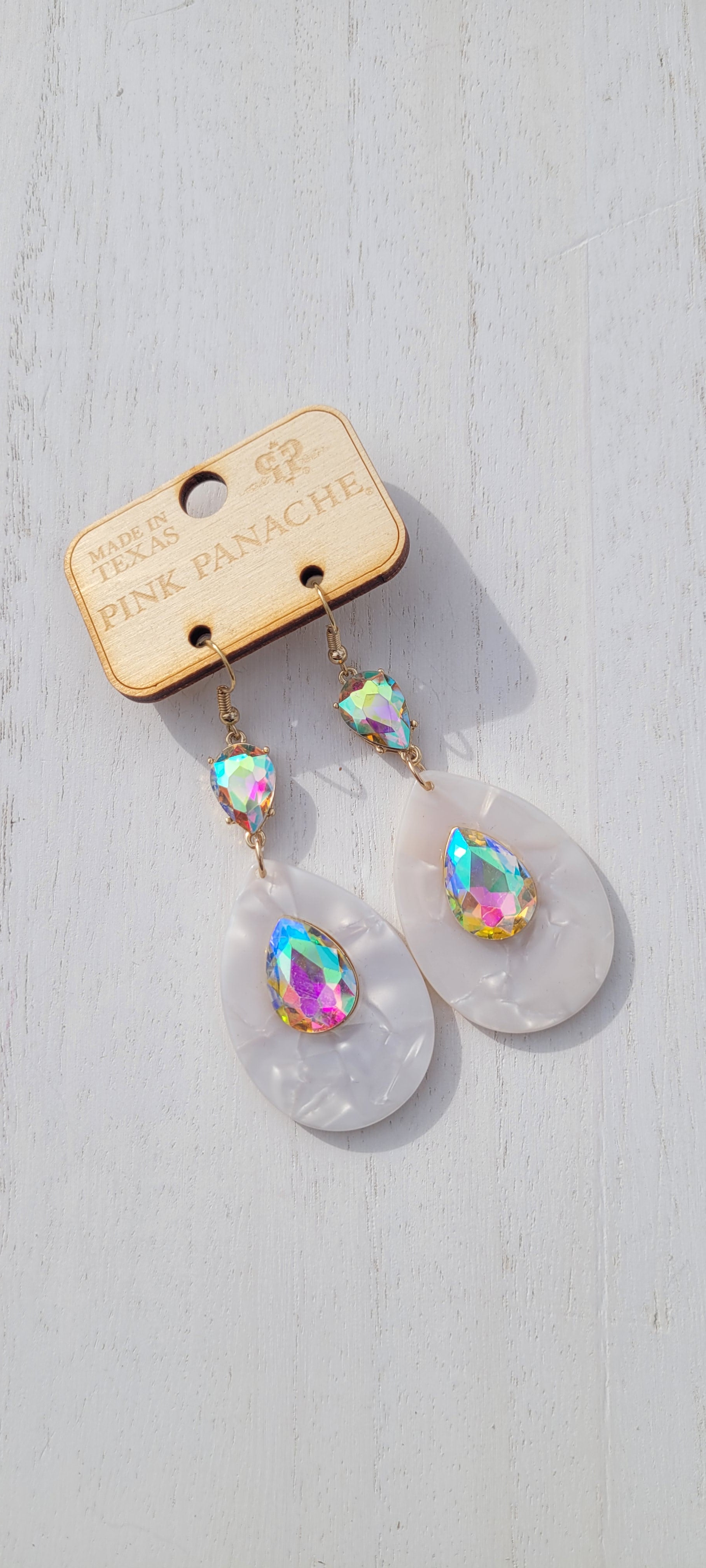 Pink Panache Earrings Color: White marbled shell teardrops with teardrop AB crystals Limited supply!