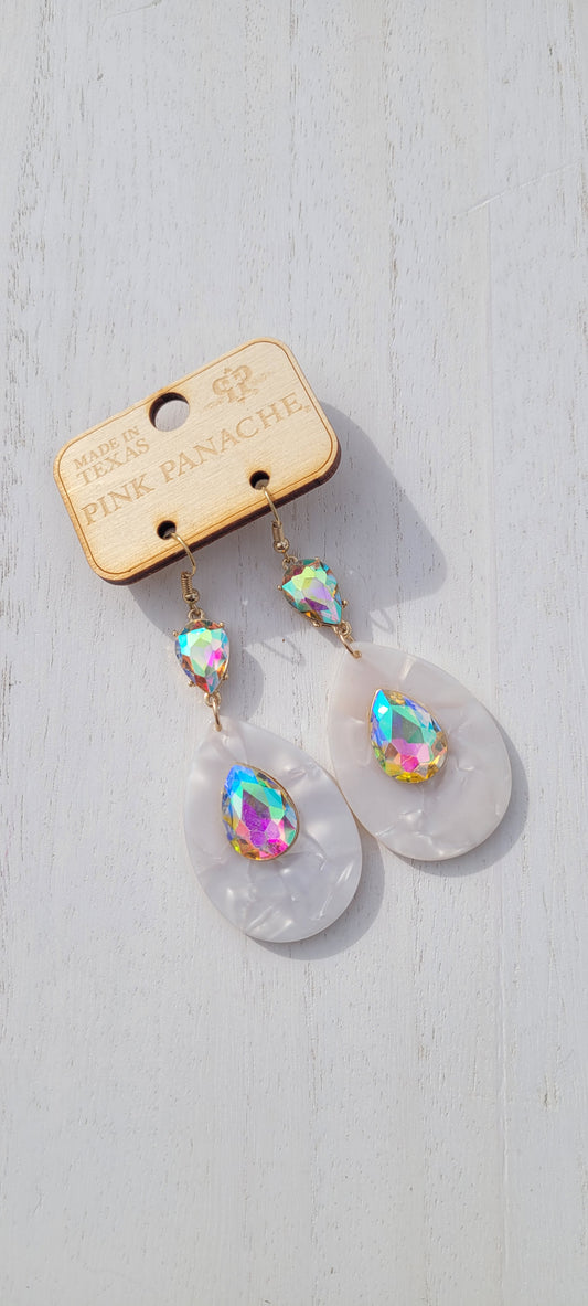 Pink Panache Earrings Color: White marbled shell teardrops with teardrop AB crystals Limited supply!