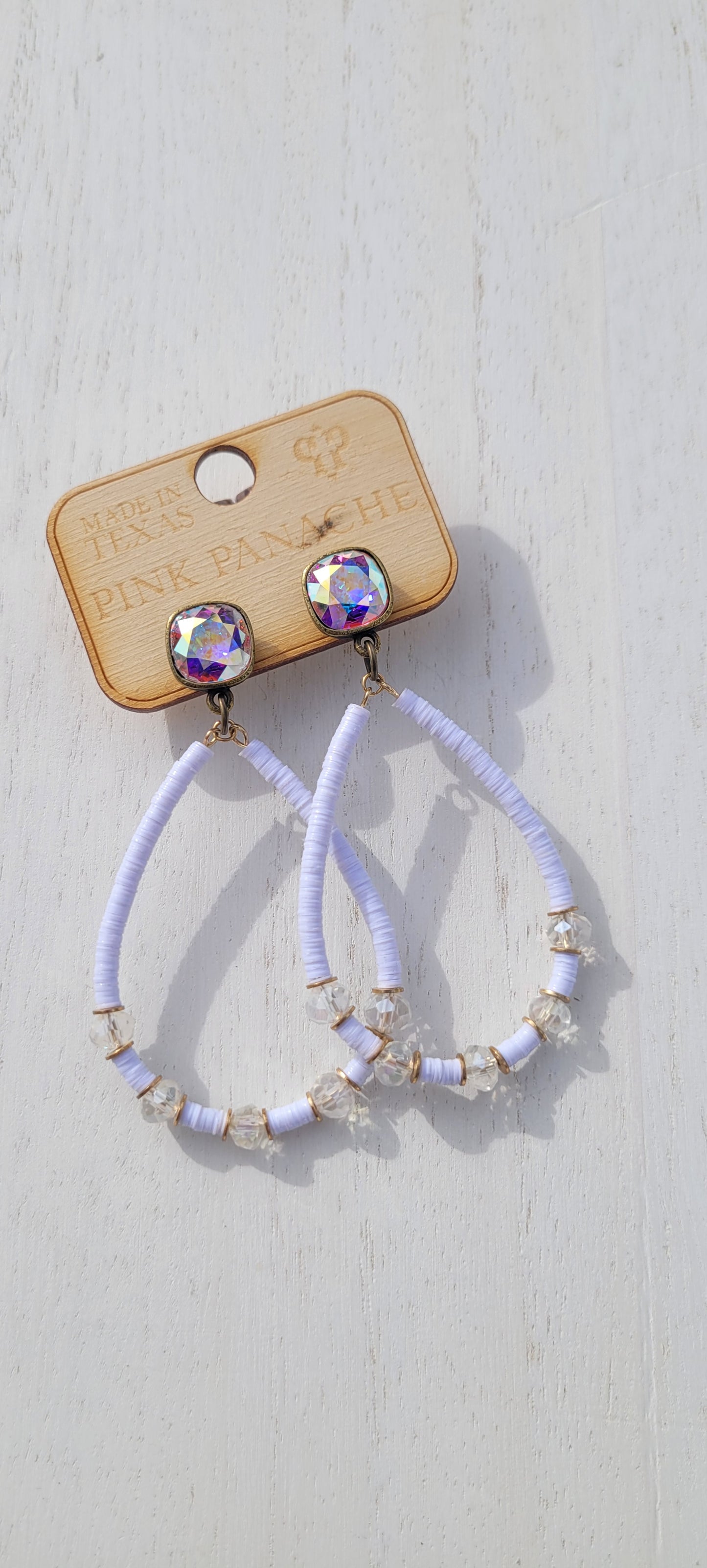 Pink Panache Earrings Color: 10mm bronze/AB cushion cut post with white rubber and clear crystal teardrop earring Limited supply!