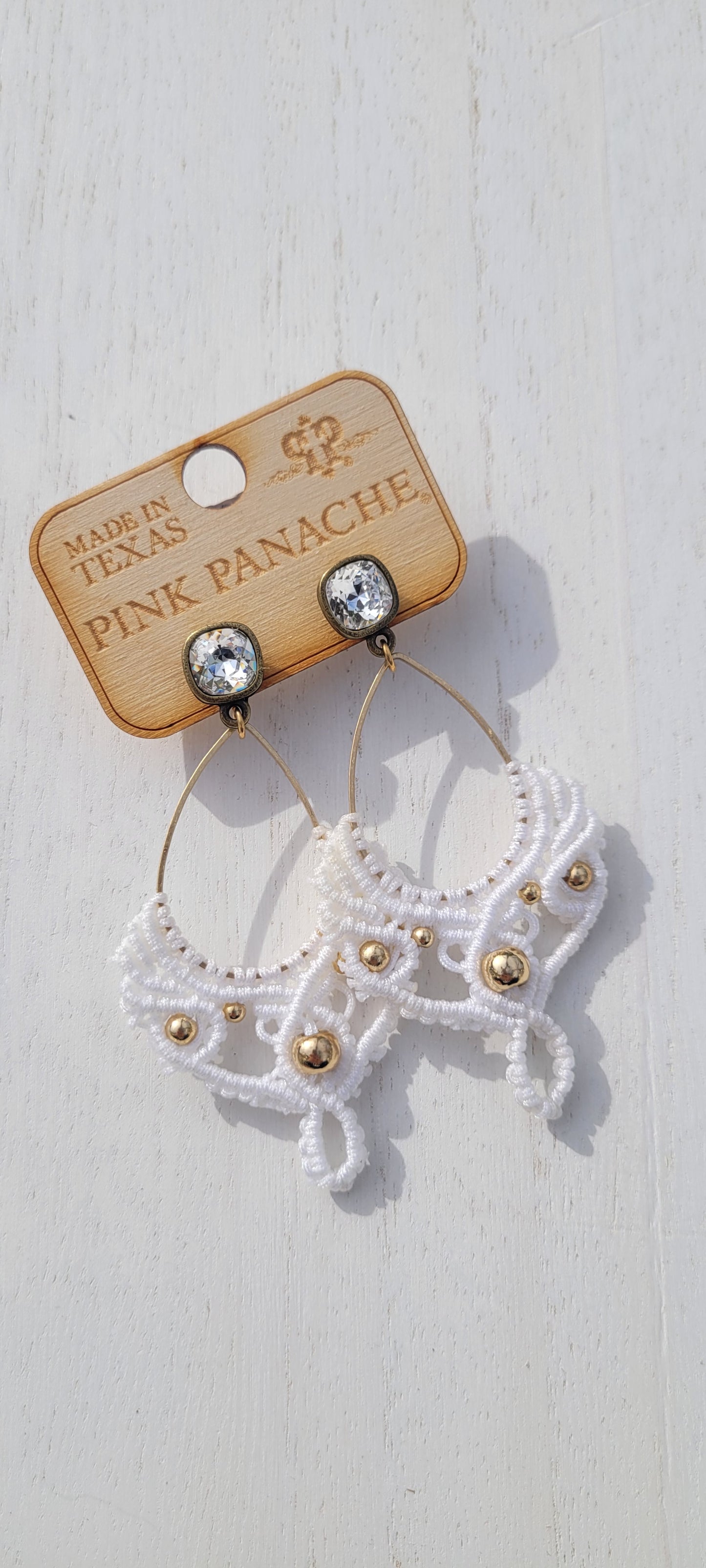 Pink Panache Earrings Color: 8mm bronze/clear cushion cut post on white macrame teardrop earring Limited supply!