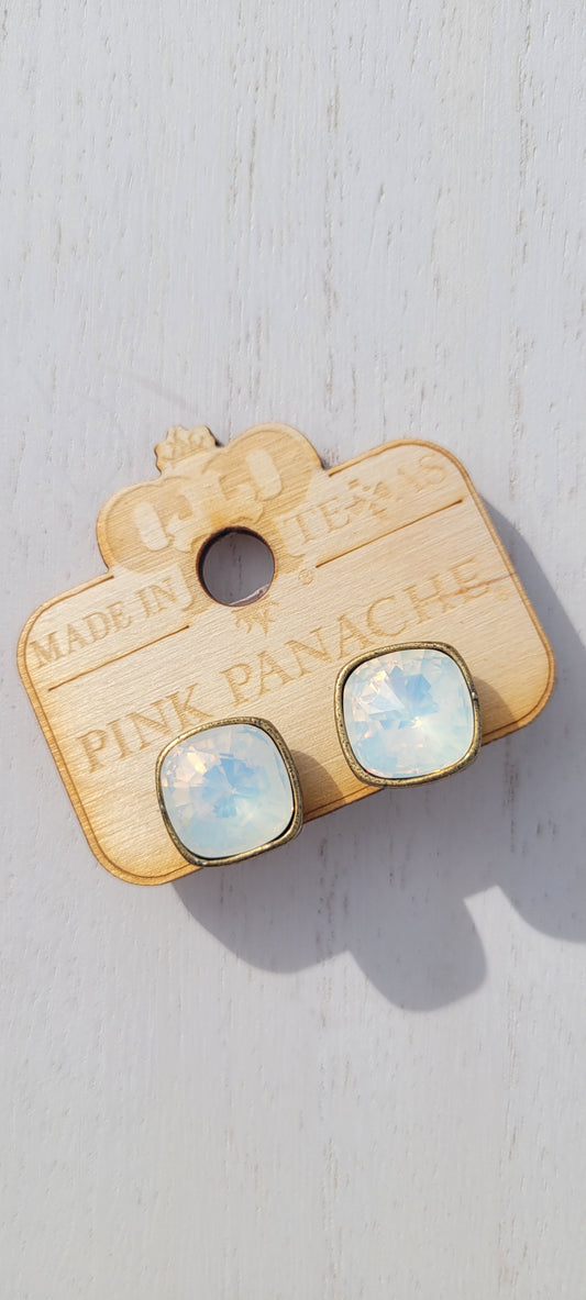Pink Panache Earrings Color: 12mm cushion cut WHITE OPAL crystal BRONZE post earring Limited supply!