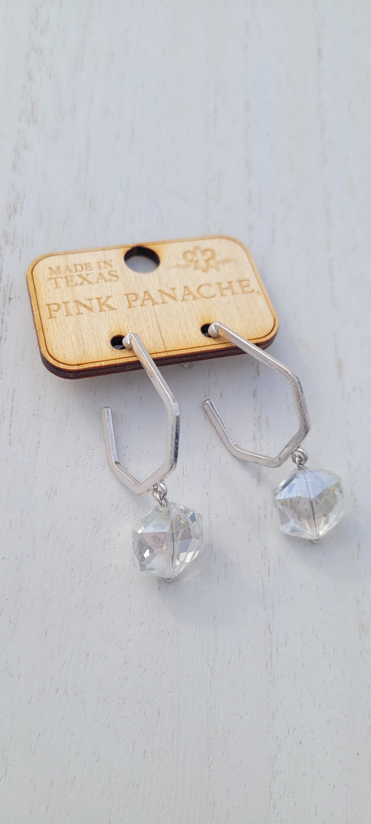 Pink Panache Earrings Color: Clear hexagon shape crystal on silver geometric hoop earring Limited supply!