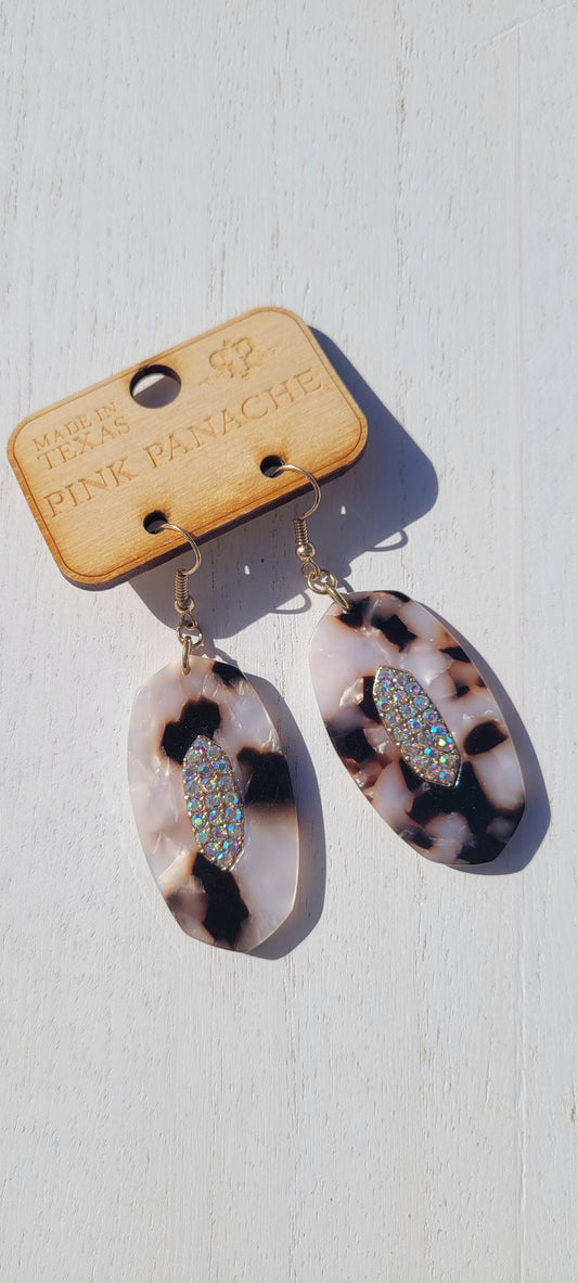 Pink Panache Earrings Fish hook earring backs Color: Tortoise look swirl acrylic with rhinestone center hexagon earring Limited supply!