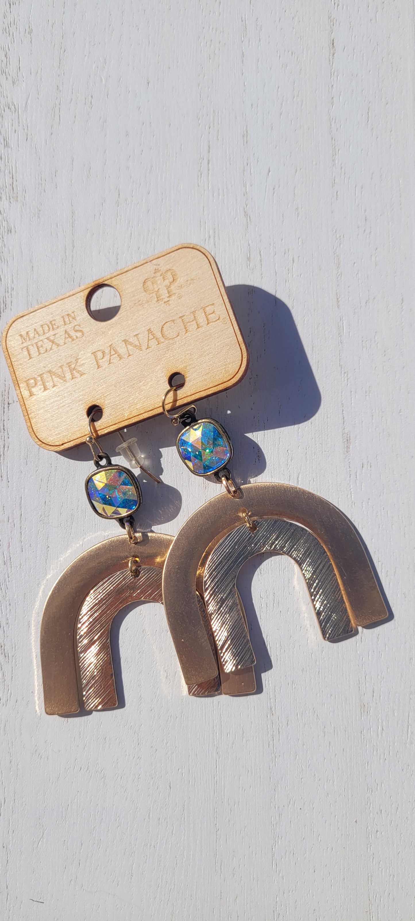 Pink Panache Earrings Color: 10mm bronze/AB cushion cut connector on gold double arch earring Limited supply!
