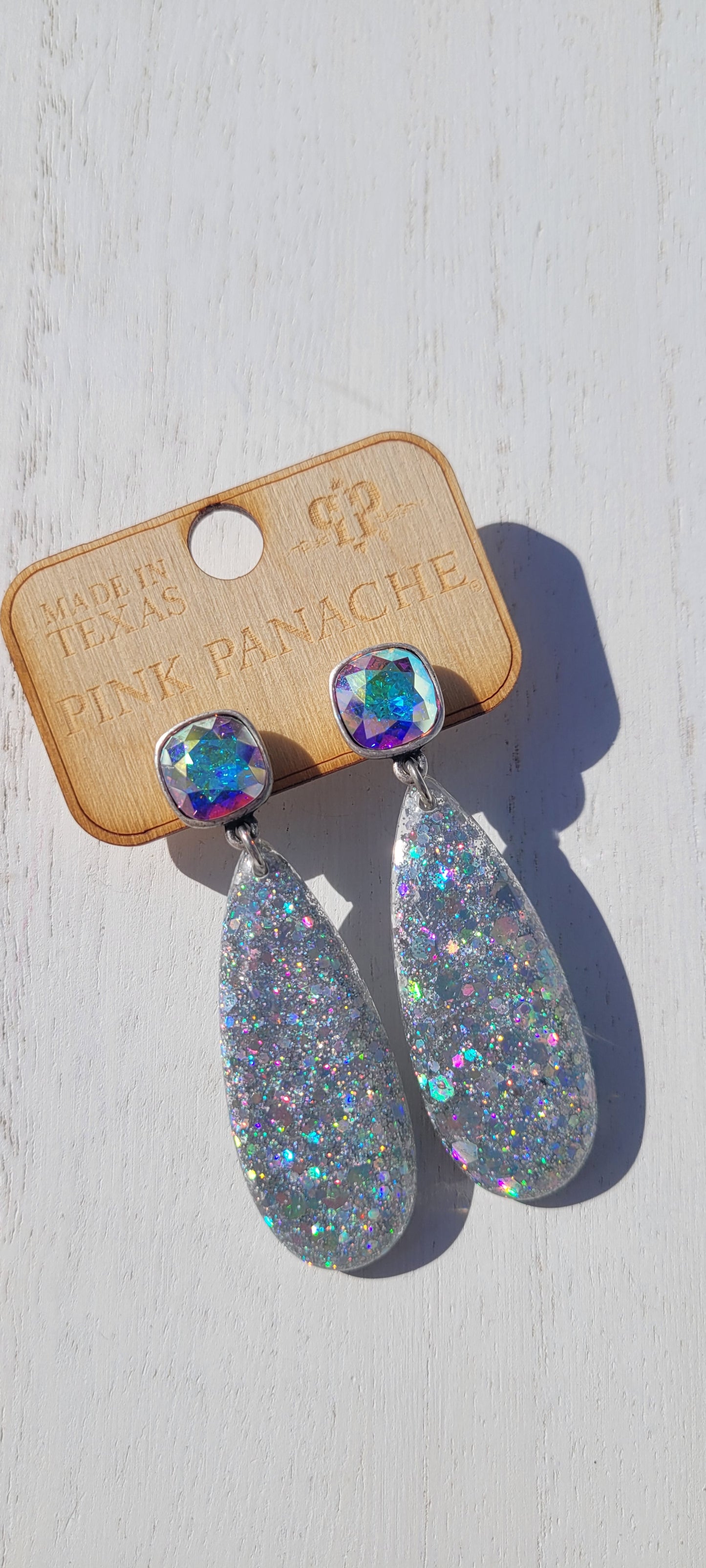 Pink Panache Earrings Color: 10mm silver/AB cushion cut post on iridescent glitter teardrop earring Limited supply!