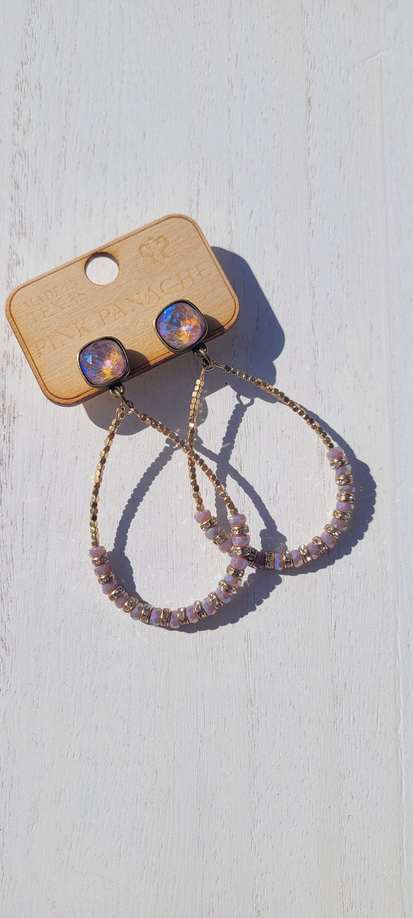Pink Panache Earrings 10mm post back Color: bronze/cappuccino delite cushion cut post with rhinestone rondelles, gold and purple bead teardrop earring Limited supply!