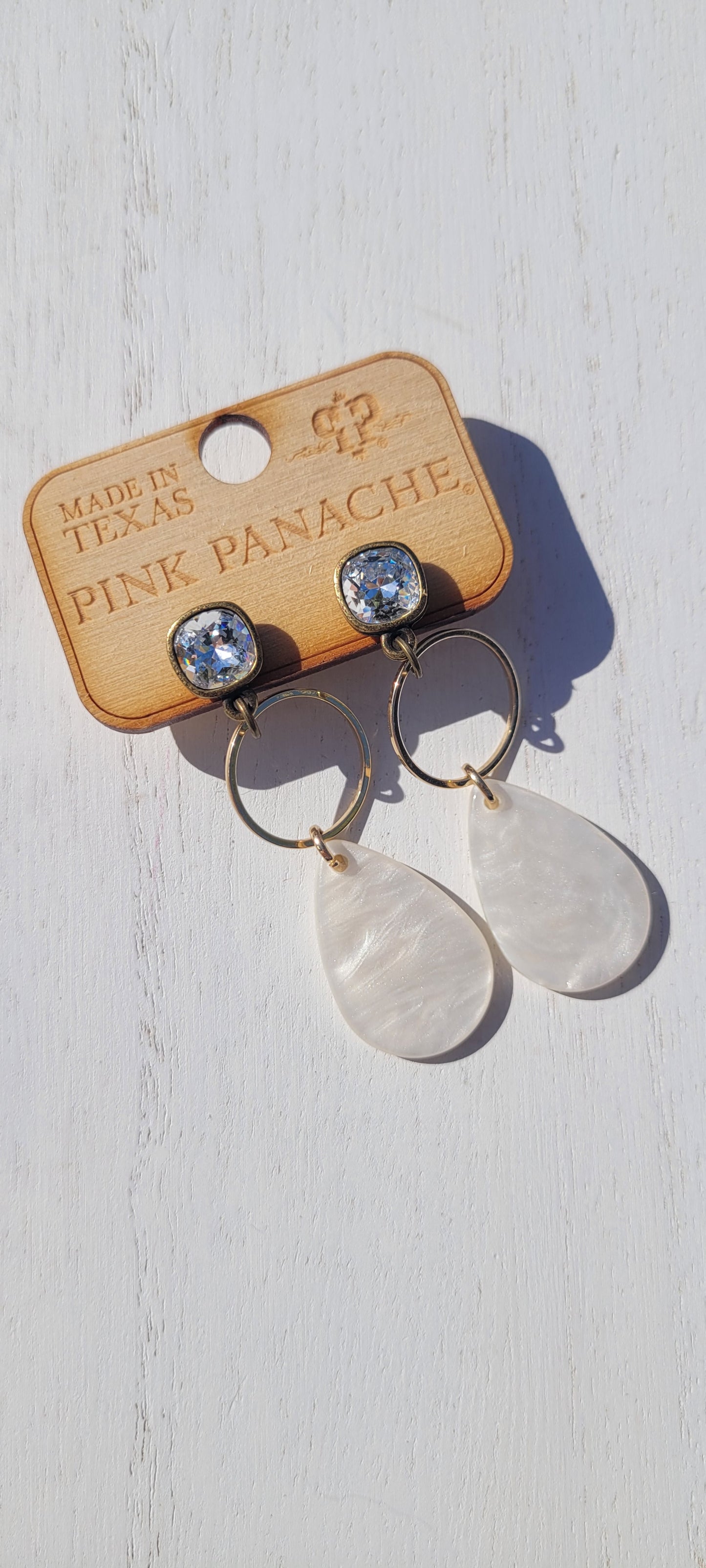 Pink Panache Earrings Color: 8mm bronze/clear cushion cut post with gold circle and white pearlized diamond shape drop earring Limited supply!