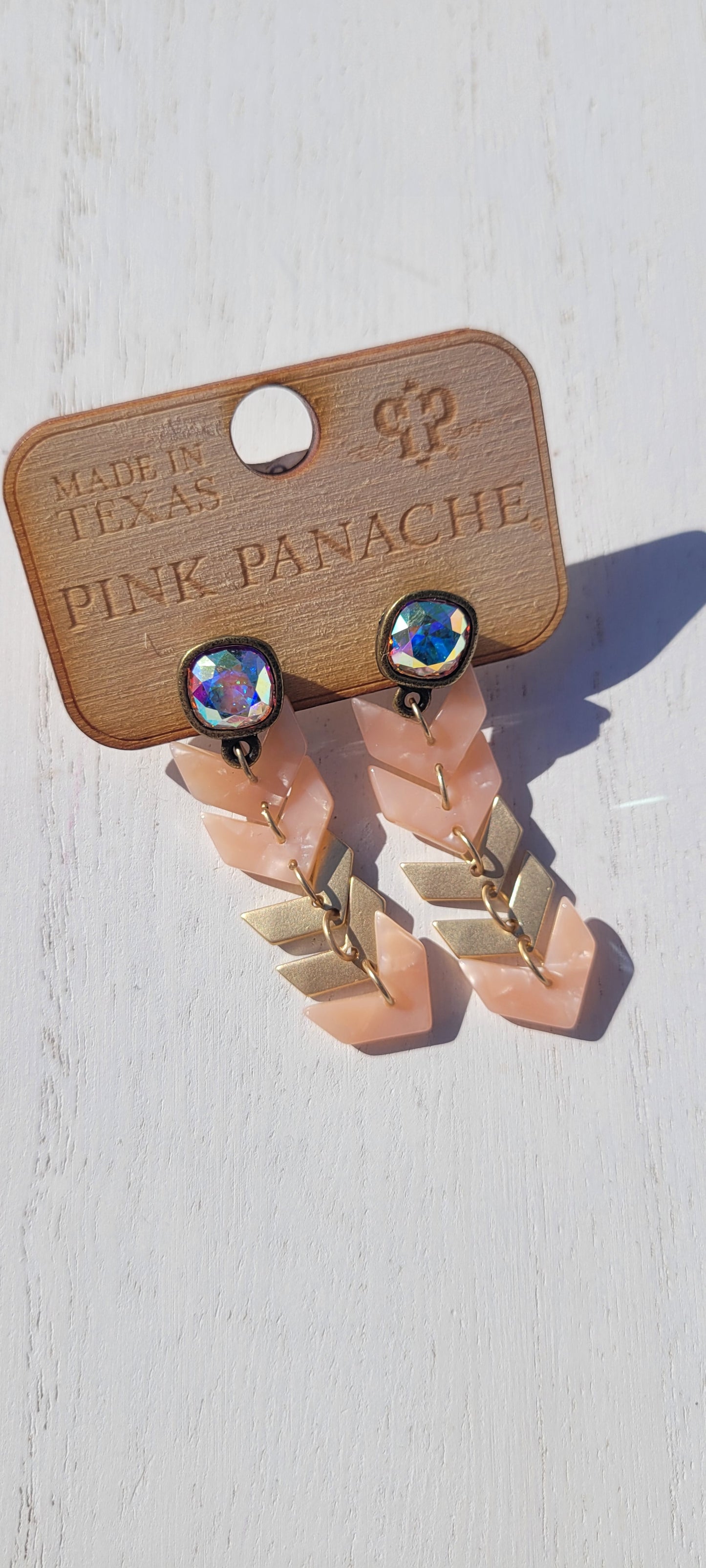 Pink Panache Earrings Color: 8mm bronze/AB cushion cut post with pink and gold chevron shape earring Limited supply!
