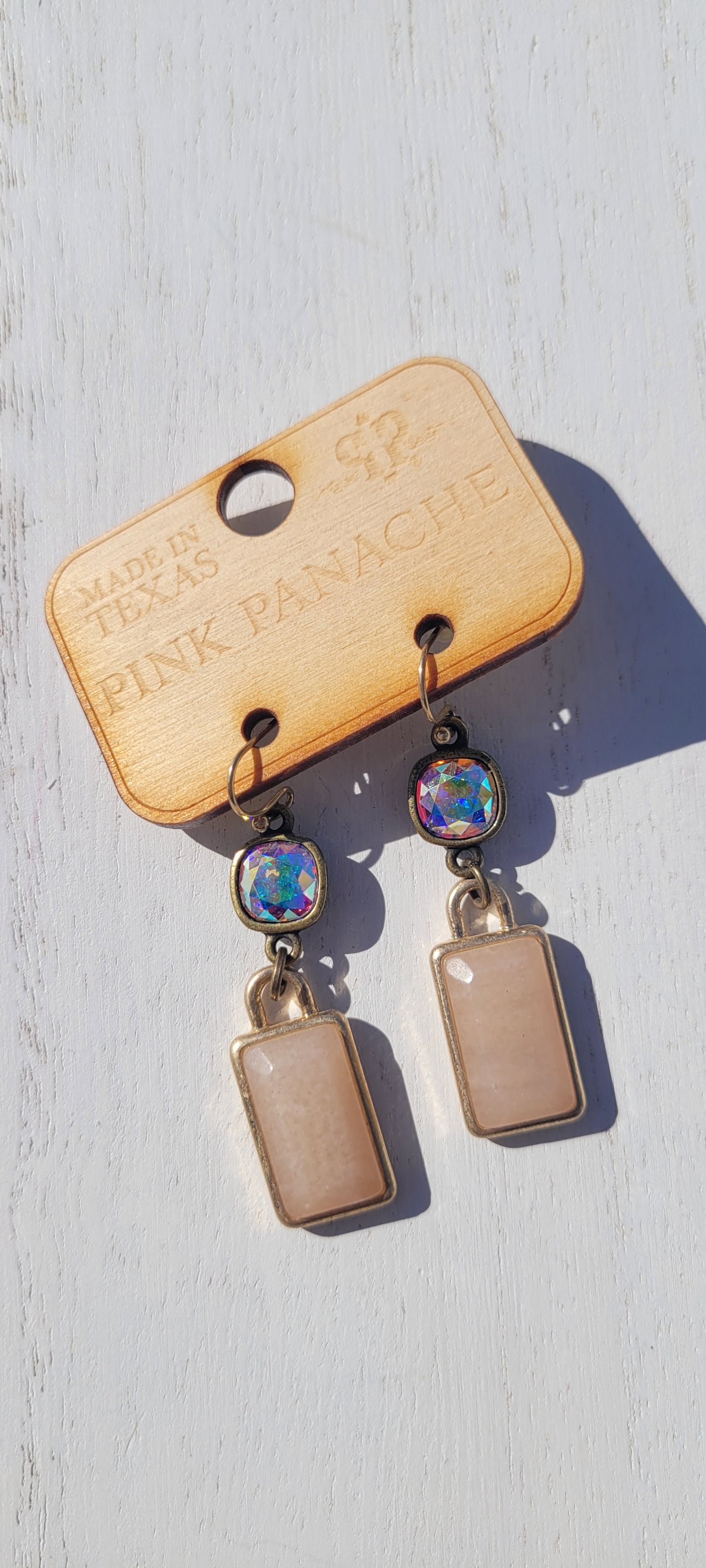 Pink Panache Earrings Color: 8mm bronze/AB connector with peach stone rectangle earring Limited supply!