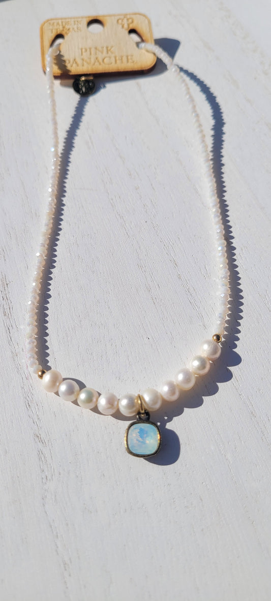 Pink Panache necklace Color: White crystal and pearl bead necklace with 8mm bronze/white opal cushion cut drop Limited supply!