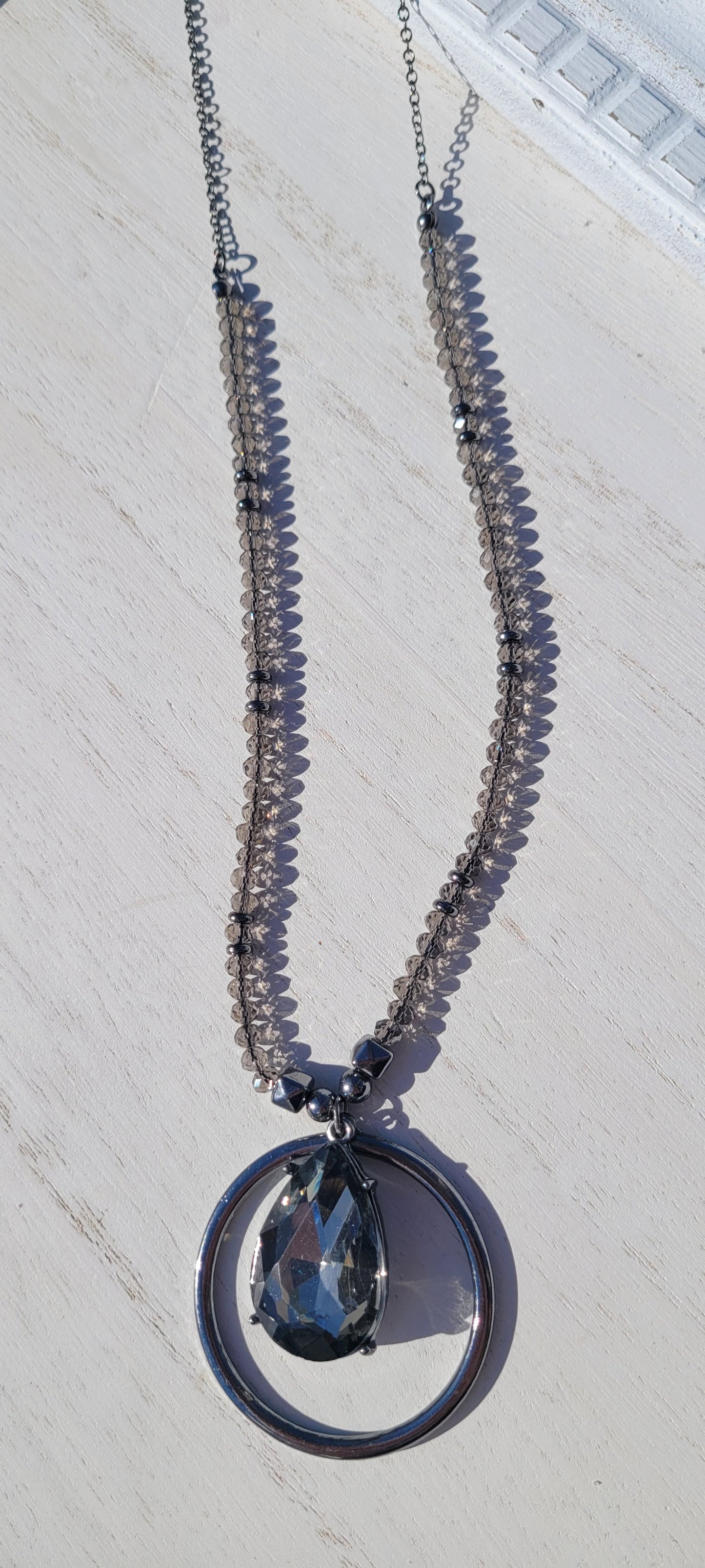 Pink Panache Necklace Black diamond bead and gun metal chain necklace with gun metal circle and large black diamond teardrop pendant Limited supply!