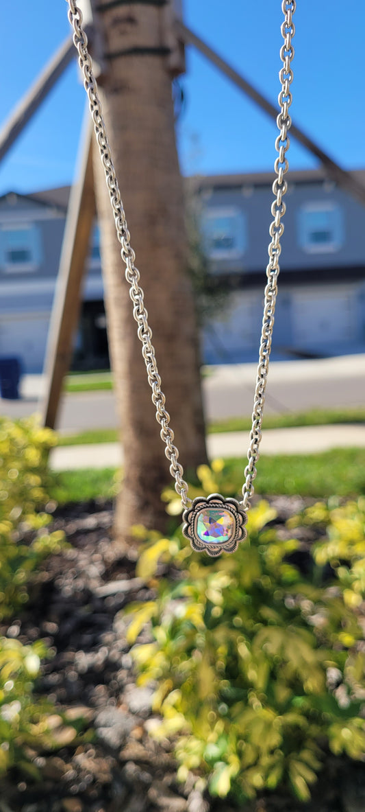 Pink Panache necklace Color: Small silver oval link chain necklace with 12mm silver/AB ruffle edge cushion cut pendant Limited supply!