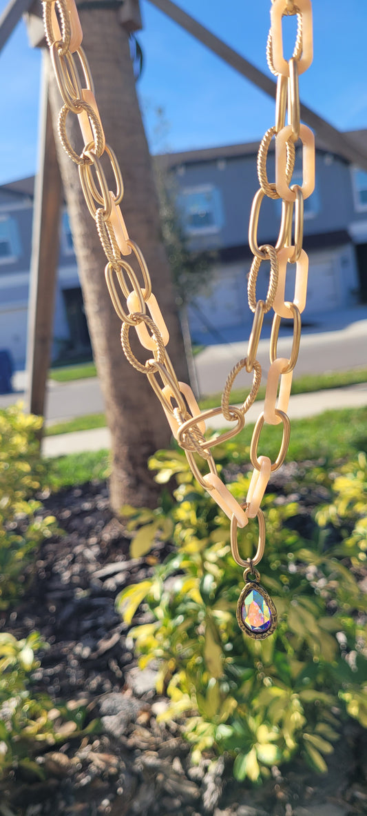 Pink Panache necklace Color: Pink acetate and gold link chain double strand necklace with small bronze/AB pear crystal drop Limited supply!