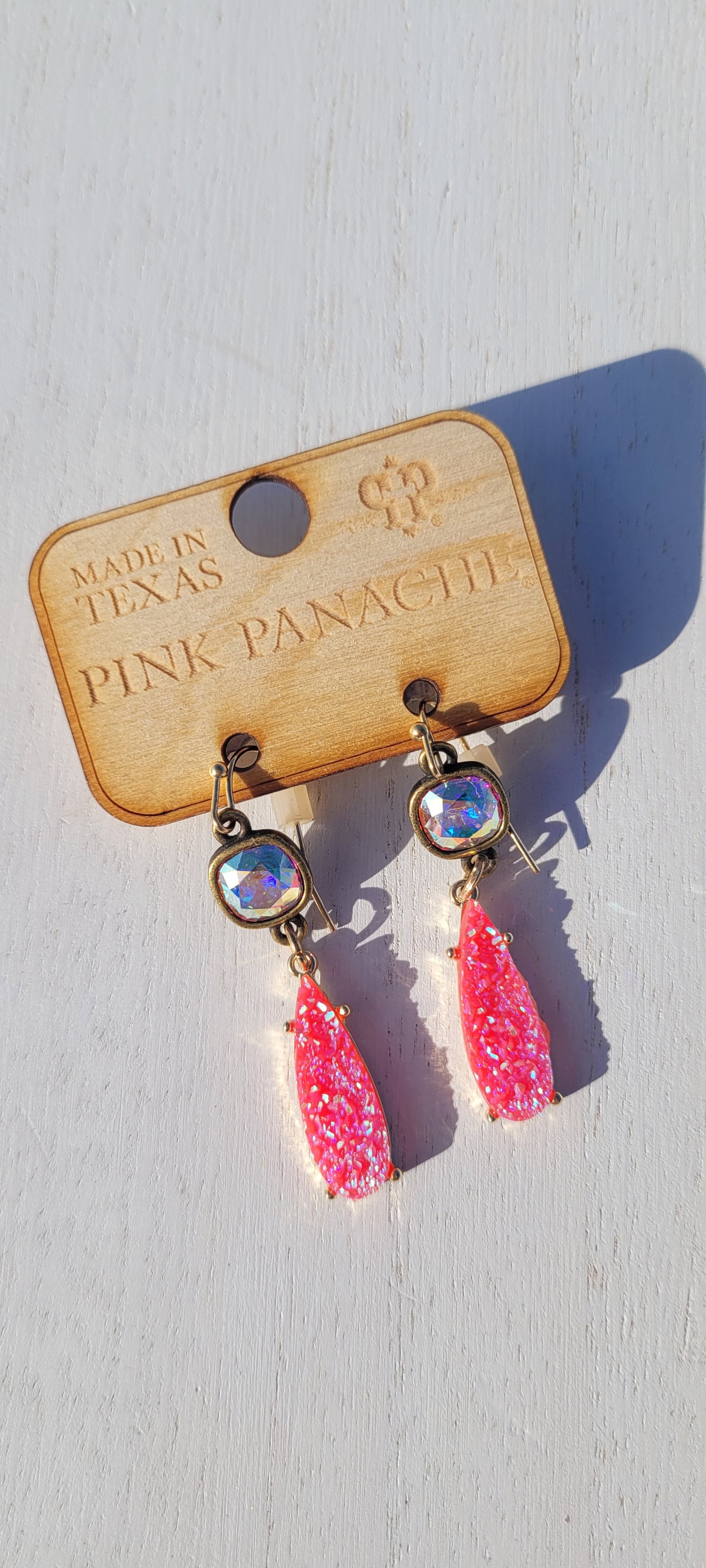 Pink Panache Earrings Color: 8mm bronze/AB cushion cut connector with fuchsia druzy teardrop earring Limited supply!