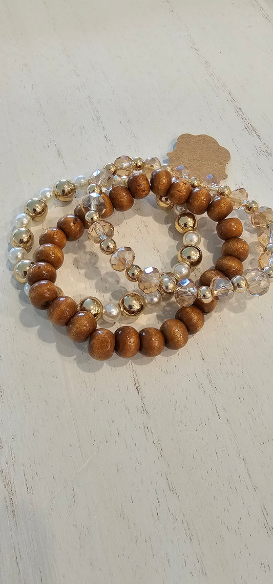 Set of 3 stretchy stackable bracelets Wood & glass beads