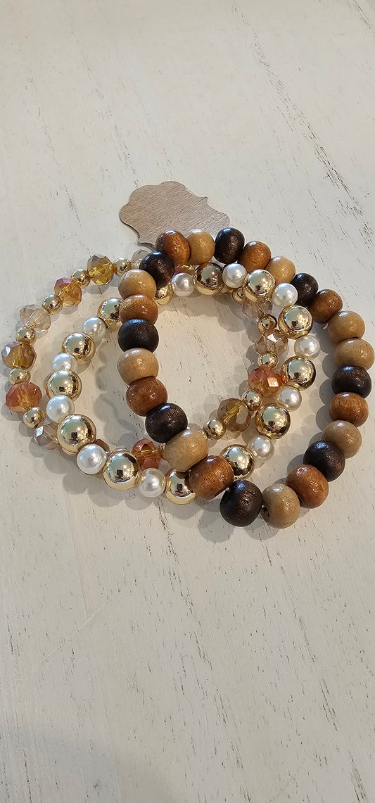 Set of 3 stretchy stackable bracelets Wood & glass beads