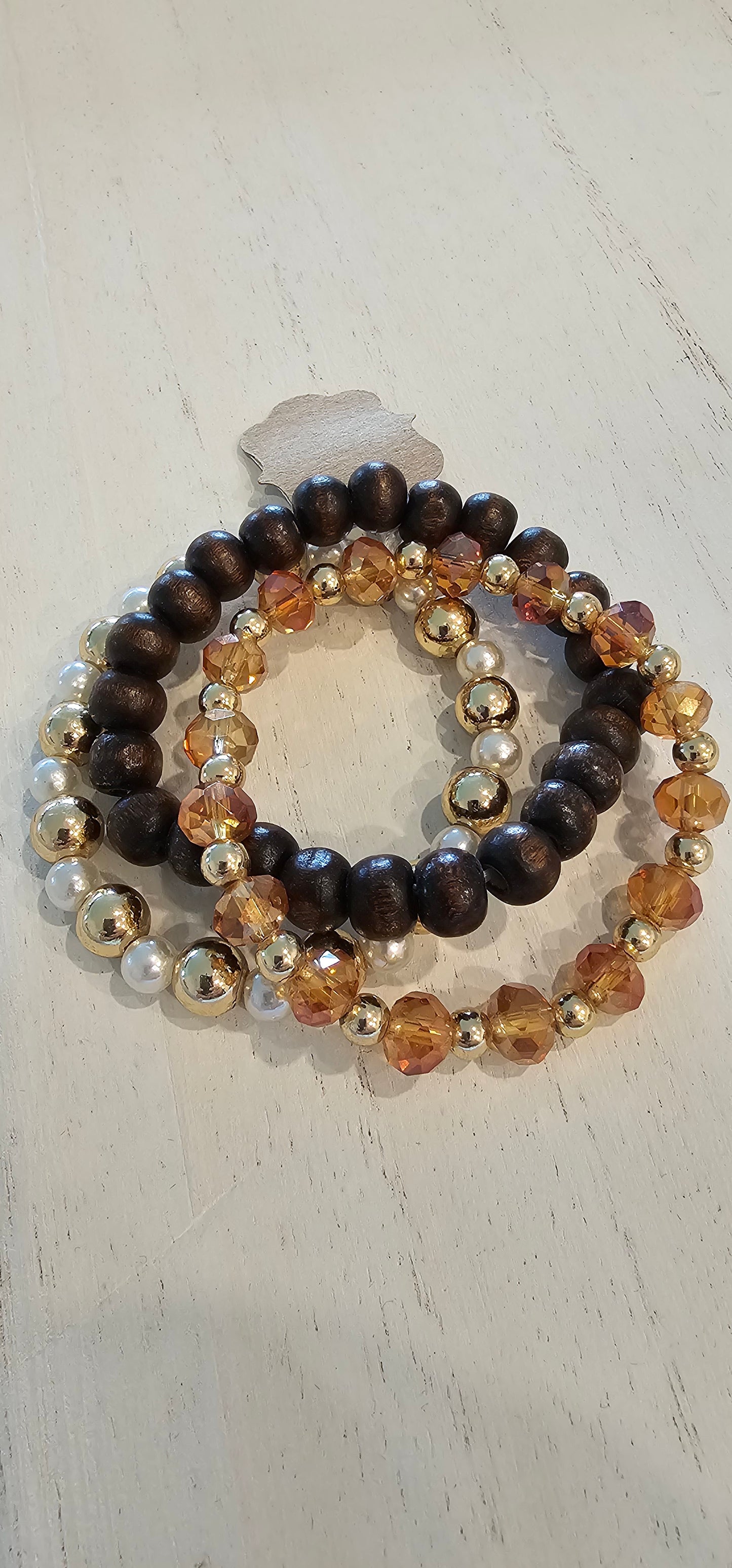 Set of 3 stretchy stackable bracelets Wood & glass beads