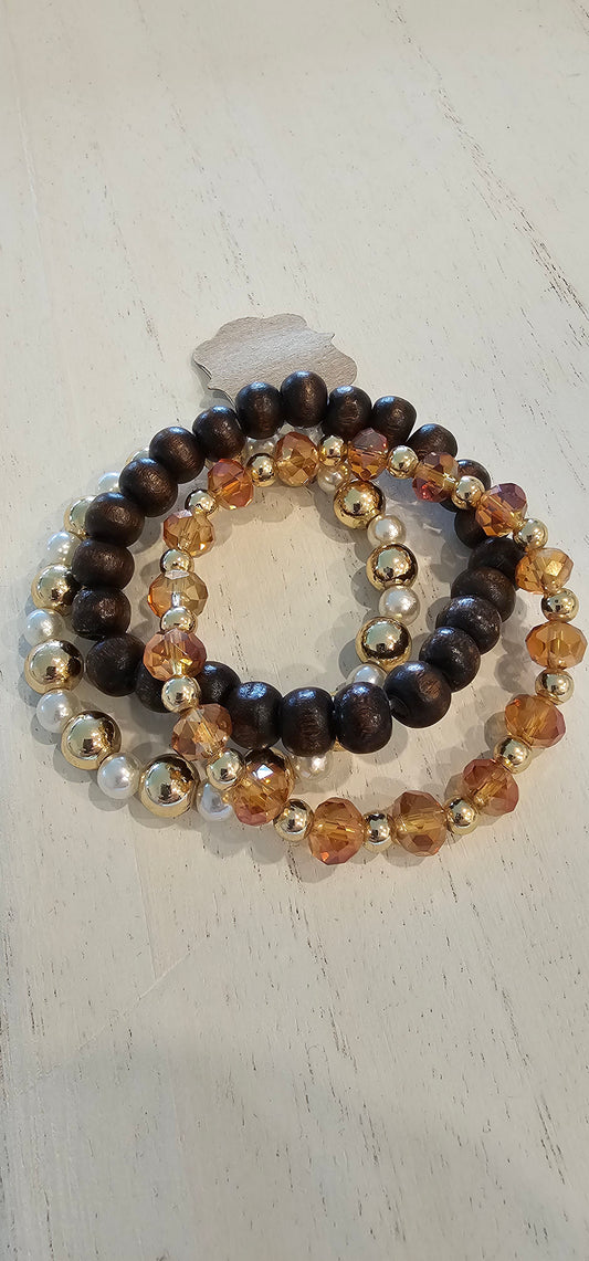 Set of 3 stretchy stackable bracelets Wood & glass beads