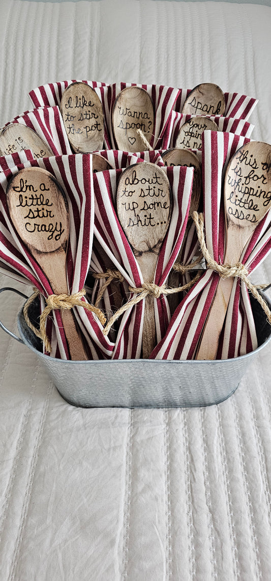 Wooden spoon and kitchen towel set. Custom engraved burned. Color and burning may vary due to custom work.