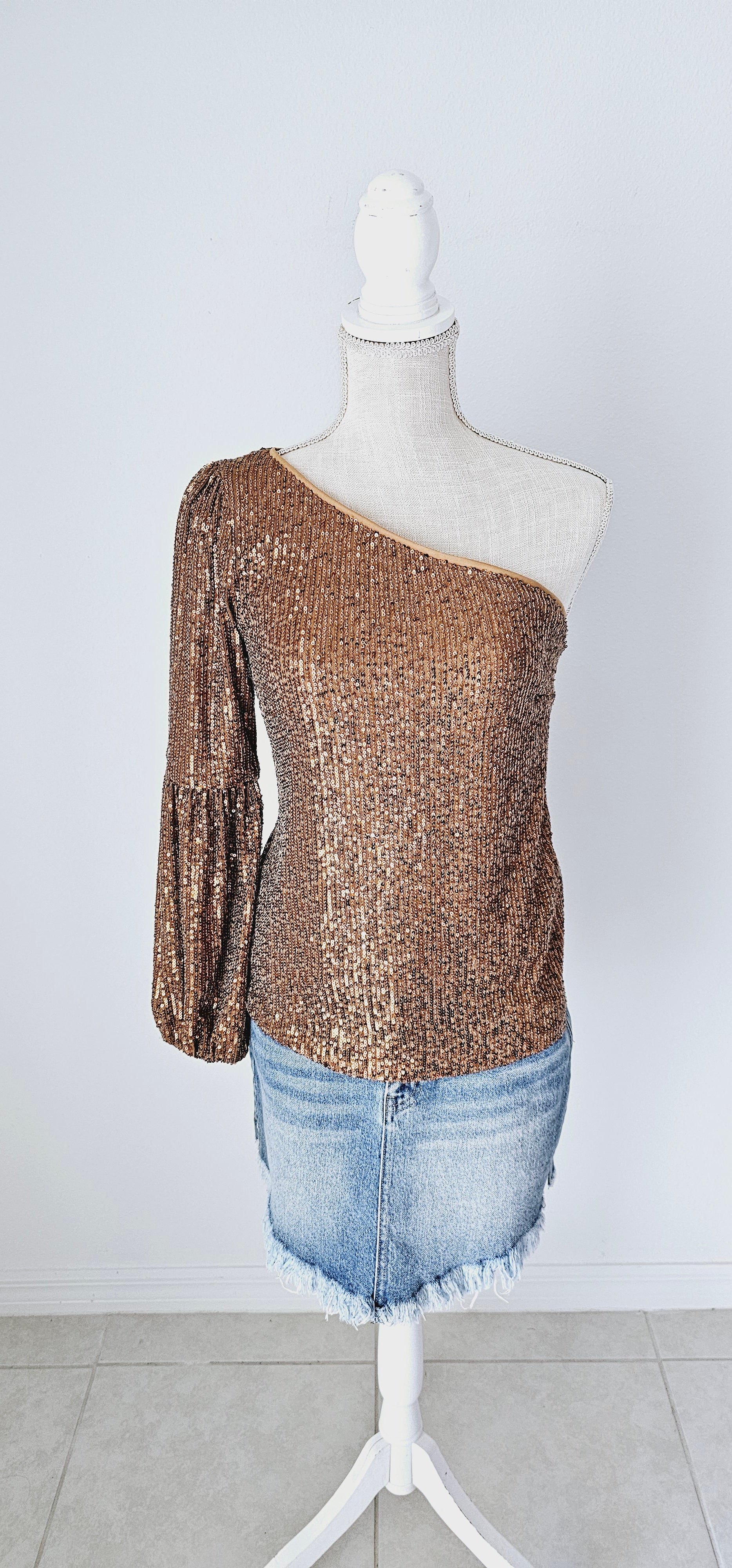 Gold Sequin One Shoulder Long Sleeve Top, Cold Shoulder, Umgee