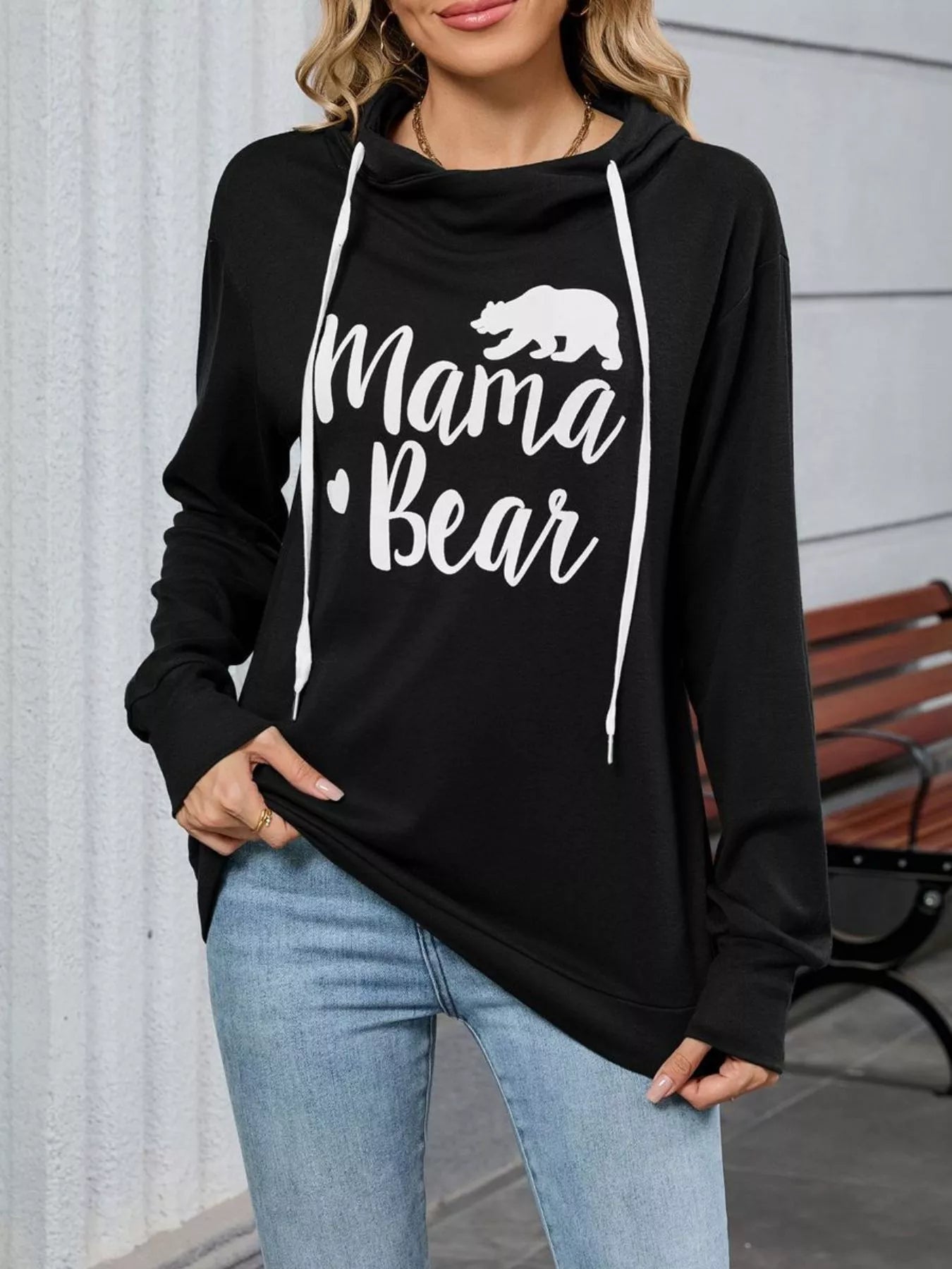 Mama Bear Drawstring Long Sleeve Hoodie - Black - Exclusively Mama Bear Drawstring Long Sleeve Hoodie - Black - Exclusively