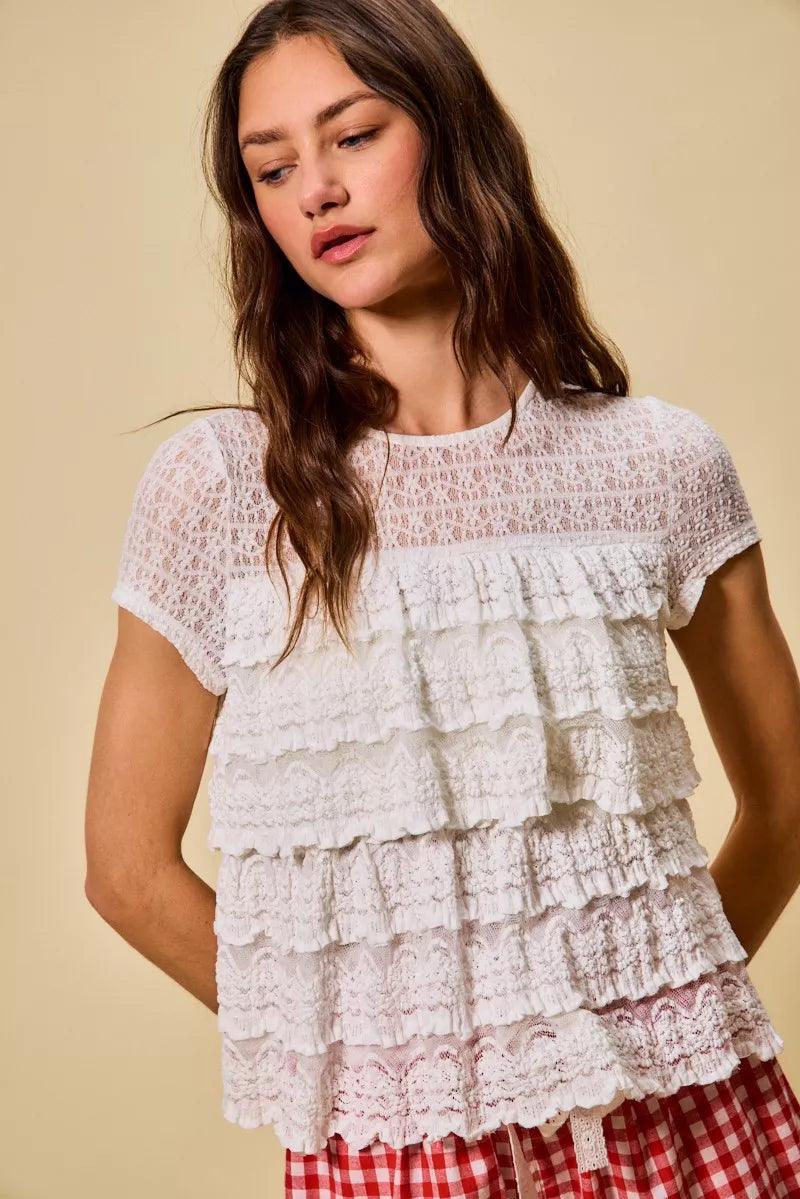 Ruffle Tiered Stretch Lace Short Sleeves Knit Top - Ivory