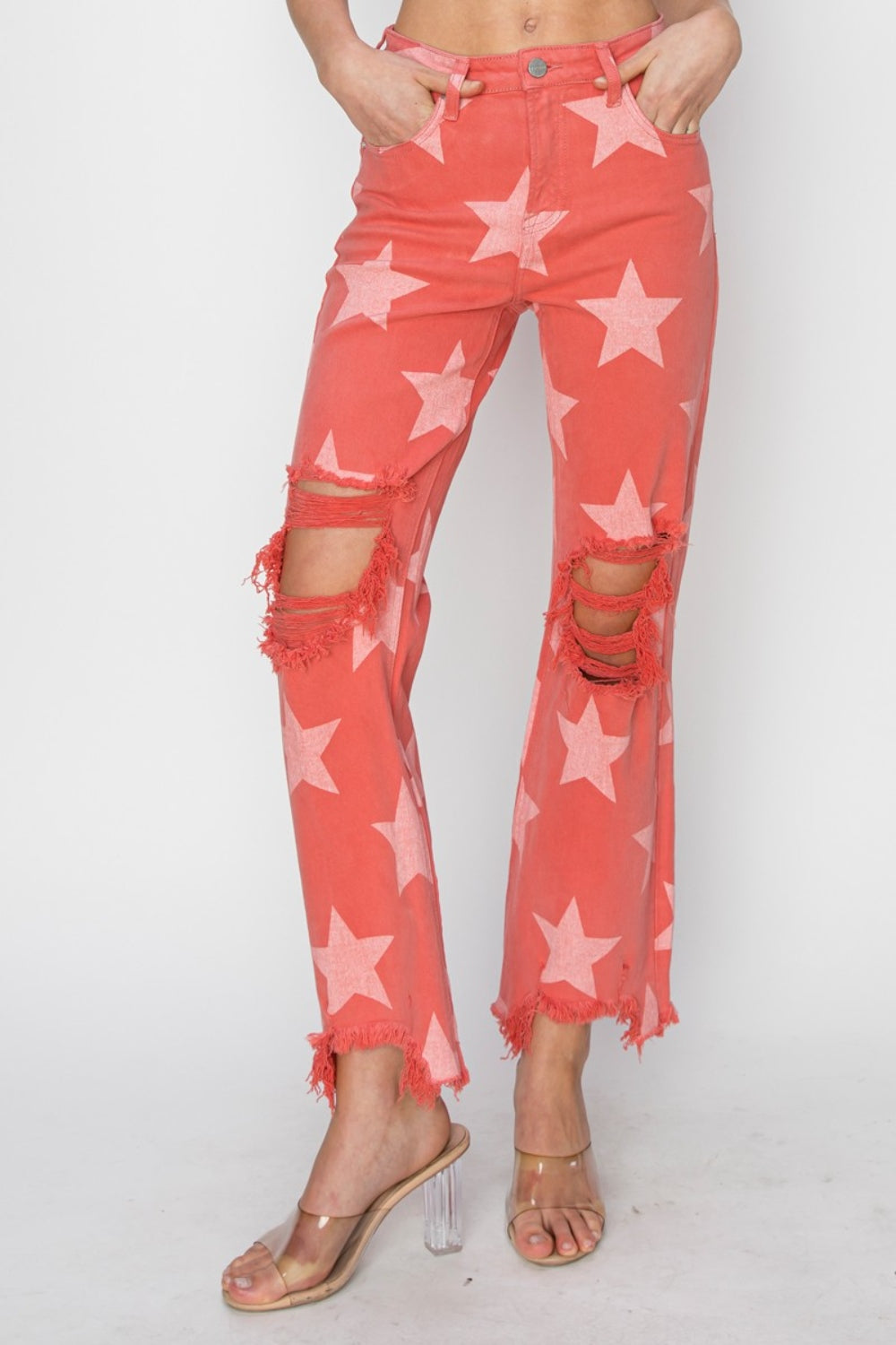 Distressed Raw Hem Star Pattern Jeans is a pair of jeans full of personality, with a unique star pattern and ripped treatment, showing a stylish rock 'n' roll style. The raw, unadorned edges at the cuffs add a touch of rebellion. These jeans are the perfect choice to show off your personality and fashion sense, whether paired with a t-shirt, shirt or jacket. Wear these jeans to make you stand out from the crowd and take center stage.