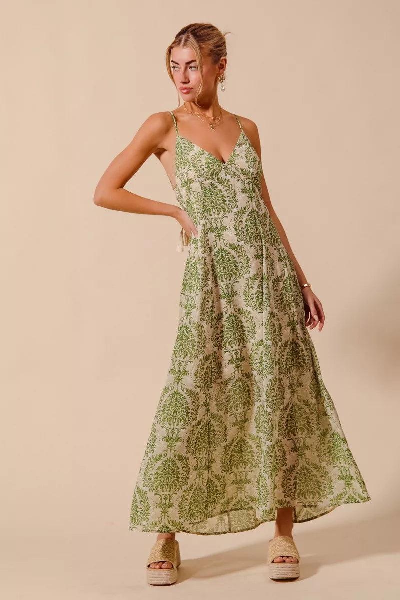 Floral Summer Maxi Flowy Dress With Open Back - Sage