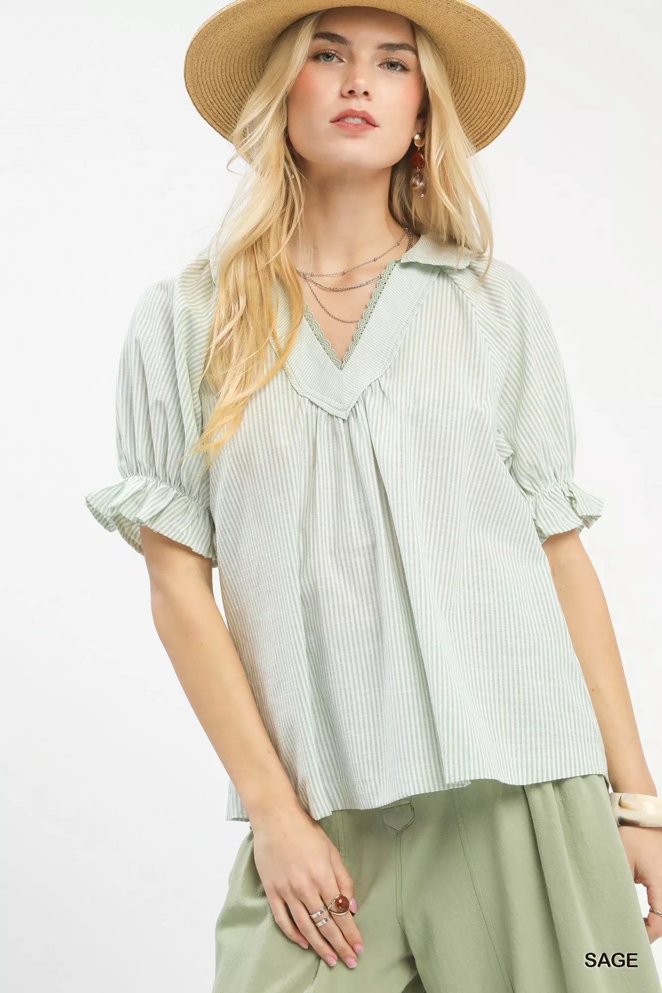Pinstripe V-Neck Ruffle Sleeve Blouse - Umgee - Exclusively Online