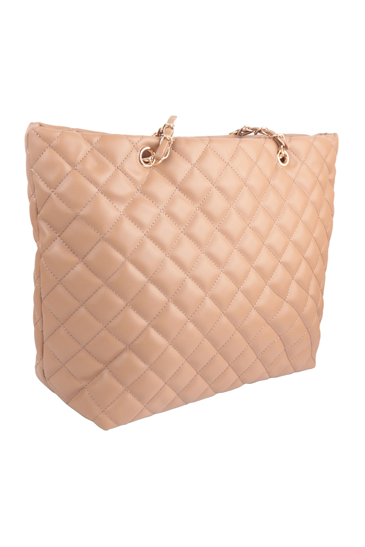Quilted diamond pattern, leather handbag with chain and leather handle. H: 10" W: 12" DL: 6" D: 10"