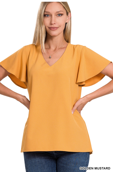Harvest some style in this Dandelion Fields Golden Mustard Top! Featuring a woven flutter sleeve v-neck - it's the perfect outfit choice to spice up any look! Guaranteed to make you stand out like a ray of sunshine. Sizes small through x-large.