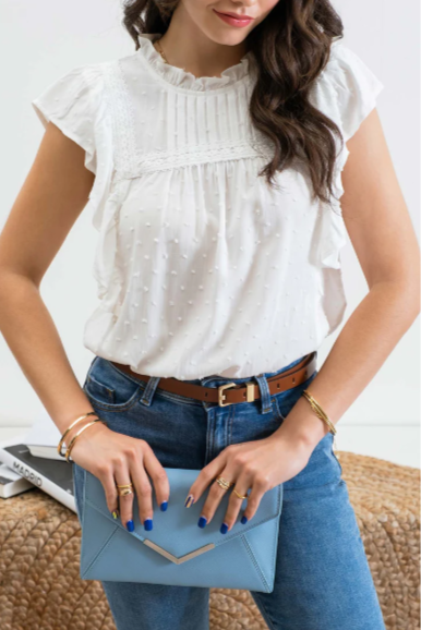 Look sharp and stay cool in our "Sweet Tea" white top! This textured number features a stylish mock neck and behind-the-neck button with keyhole for stand-out style. Plus, you'll be making a statement with the pleated front detail, line lace detail and short drape sleeves. Perfect for any occasion!