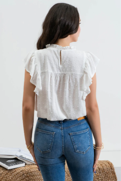 Look sharp and stay cool in our "Sweet Tea" white top! This textured number features a stylish mock neck and behind-the-neck button with keyhole for stand-out style. Plus, you'll be making a statement with the pleated front detail, line lace detail and short drape sleeves. Perfect for any occasion!