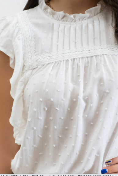 Look sharp and stay cool in our "Sweet Tea" white top! This textured number features a stylish mock neck and behind-the-neck button with keyhole for stand-out style. Plus, you'll be making a statement with the pleated front detail, line lace detail and short drape sleeves. Perfect for any occasion!