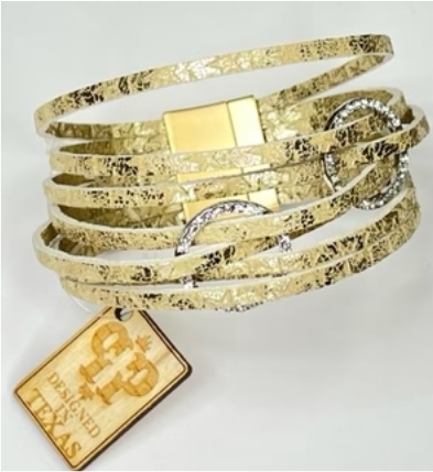 Pink Panache: Alexandria Pink Panache bracelet Color: Multi-strand gold cuff bracelet with rhinestone circles and magnetic clasp Limited supply! Keywords: Bracelet, Jewelry