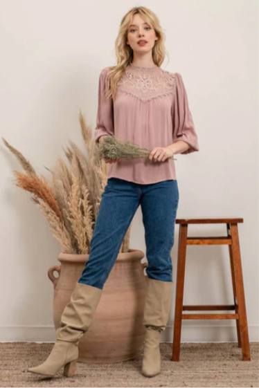 Rock your look with this ravishing top that'll take your fashion to the next level! With its elegant lace mock neck, stylish back-button closure with keyhole, and oh-so-pretty front lace inset and pleated bubble sleeves, you'll be sure to draw admiring glances wherever you go. Let's get fabulous!
