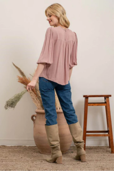 Rock your look with this ravishing top that'll take your fashion to the next level! With its elegant lace mock neck, stylish back-button closure with keyhole, and oh-so-pretty front lace inset and pleated bubble sleeves, you'll be sure to draw admiring glances wherever you go. Let's get fabulous!