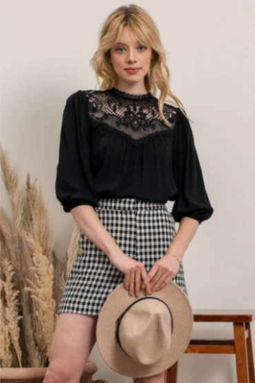 Rock your look with this ravishing top that'll take your fashion to the next level! With its elegant lace mock neck, stylish back-button closure with keyhole, and oh-so-pretty front lace inset and pleated bubble sleeves, you'll be sure to draw admiring glances wherever you go. Let's get fabulous!