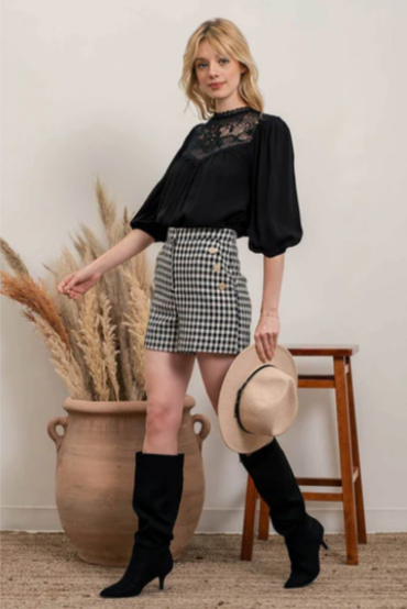 Rock your look with this ravishing top that'll take your fashion to the next level! With its elegant lace mock neck, stylish back-button closure with keyhole, and oh-so-pretty front lace inset and pleated bubble sleeves, you'll be sure to draw admiring glances wherever you go. Let's get fabulous!