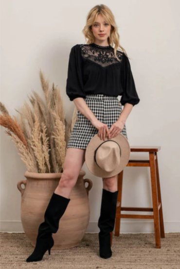 Rock your look with this ravishing top that'll take your fashion to the next level! With its elegant lace mock neck, stylish back-button closure with keyhole, and oh-so-pretty front lace inset and pleated bubble sleeves, you'll be sure to draw admiring glances wherever you go. Let's get fabulous!
