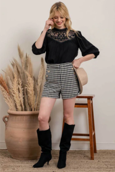 Rock your look with this ravishing top that'll take your fashion to the next level! With its elegant lace mock neck, stylish back-button closure with keyhole, and oh-so-pretty front lace inset and pleated bubble sleeves, you'll be sure to draw admiring glances wherever you go. Let's get fabulous!