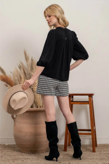 Rock your look with this ravishing top that'll take your fashion to the next level! With its elegant lace mock neck, stylish back-button closure with keyhole, and oh-so-pretty front lace inset and pleated bubble sleeves, you'll be sure to draw admiring glances wherever you go. Let's get fabulous!