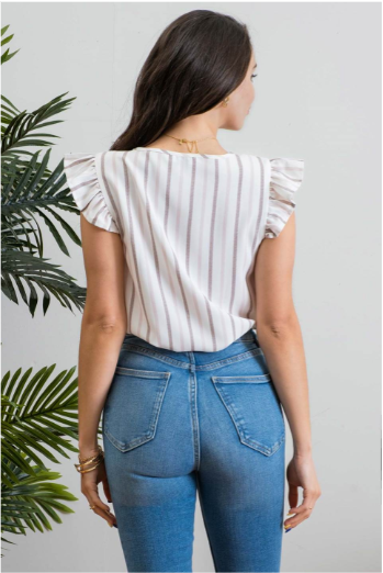 Look as sweet as a summer's day in this "Heather Striped Taupe" top! With cute flutter sleeves, a split round neckline, and a playful front-fold detail, you'll be ready for any outdoor adventure! And just to top it off, the taupe stripes add an extra bit of pizzazz. Who said stripes have to be boring?!